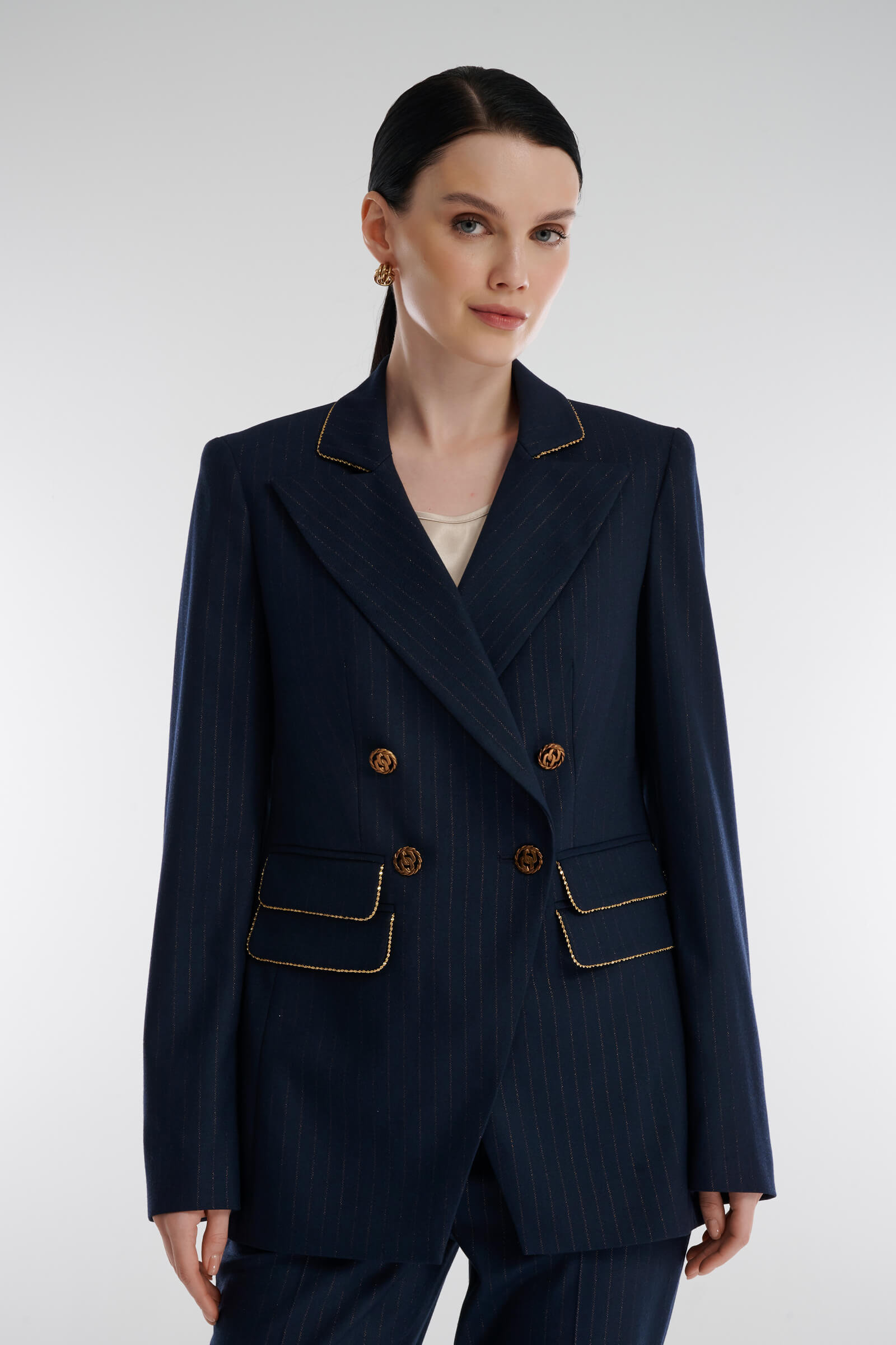 Двубортный пиджак в полоску с люрексом Цвет Синий