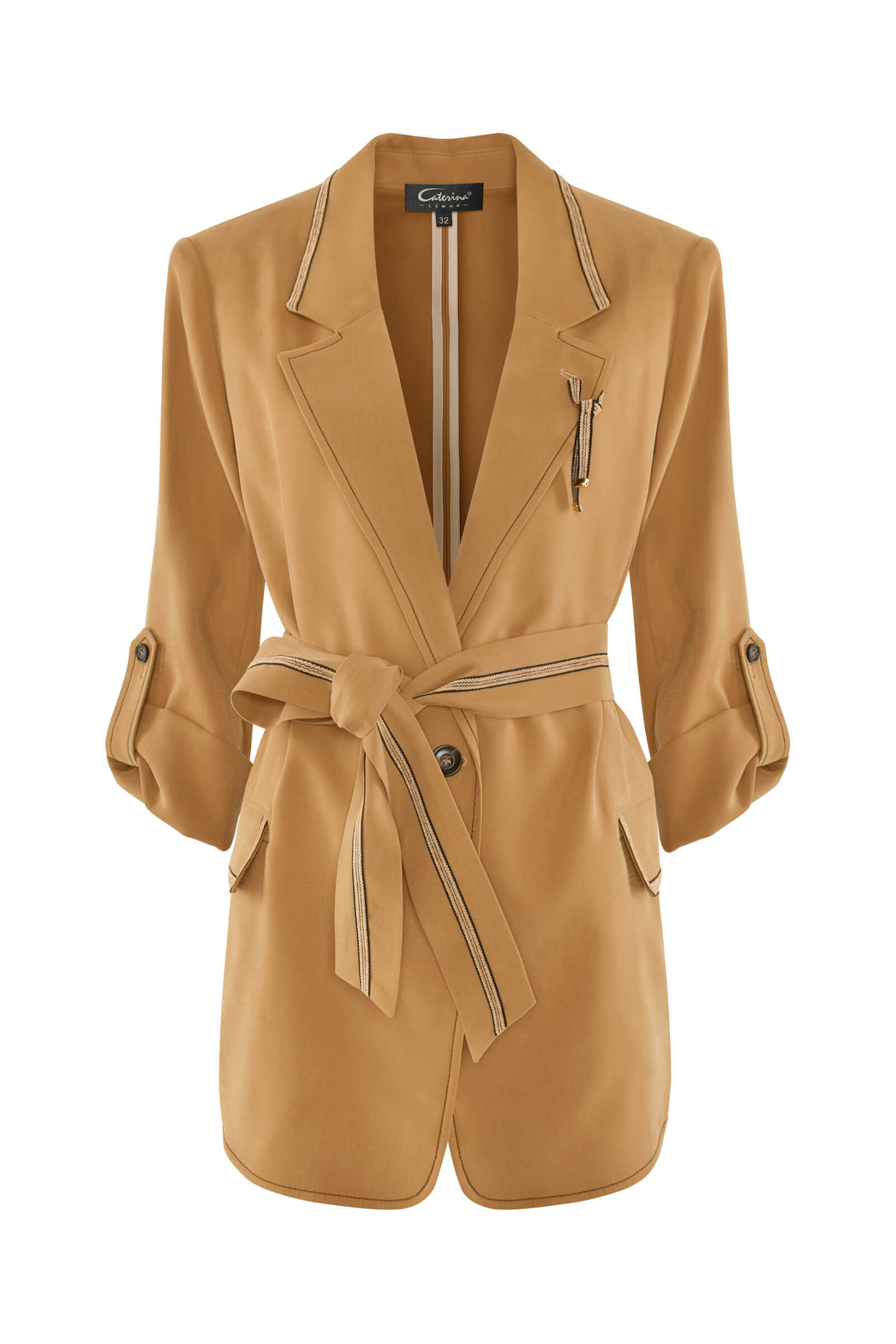 Жакет с поясом и контрастной окантовкой Цвет Коричневый