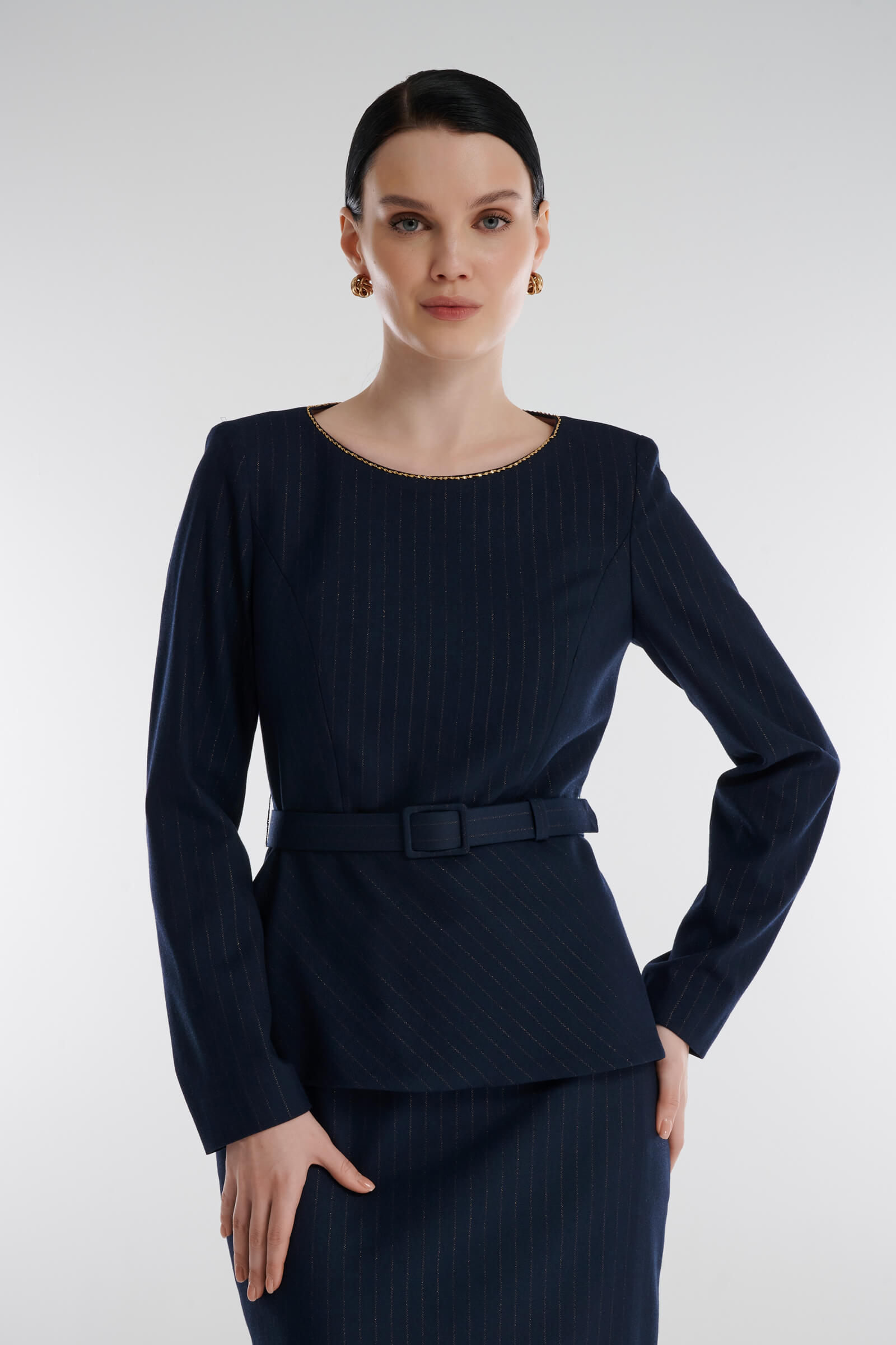 Блузка в полоску с баской Цвет Синий