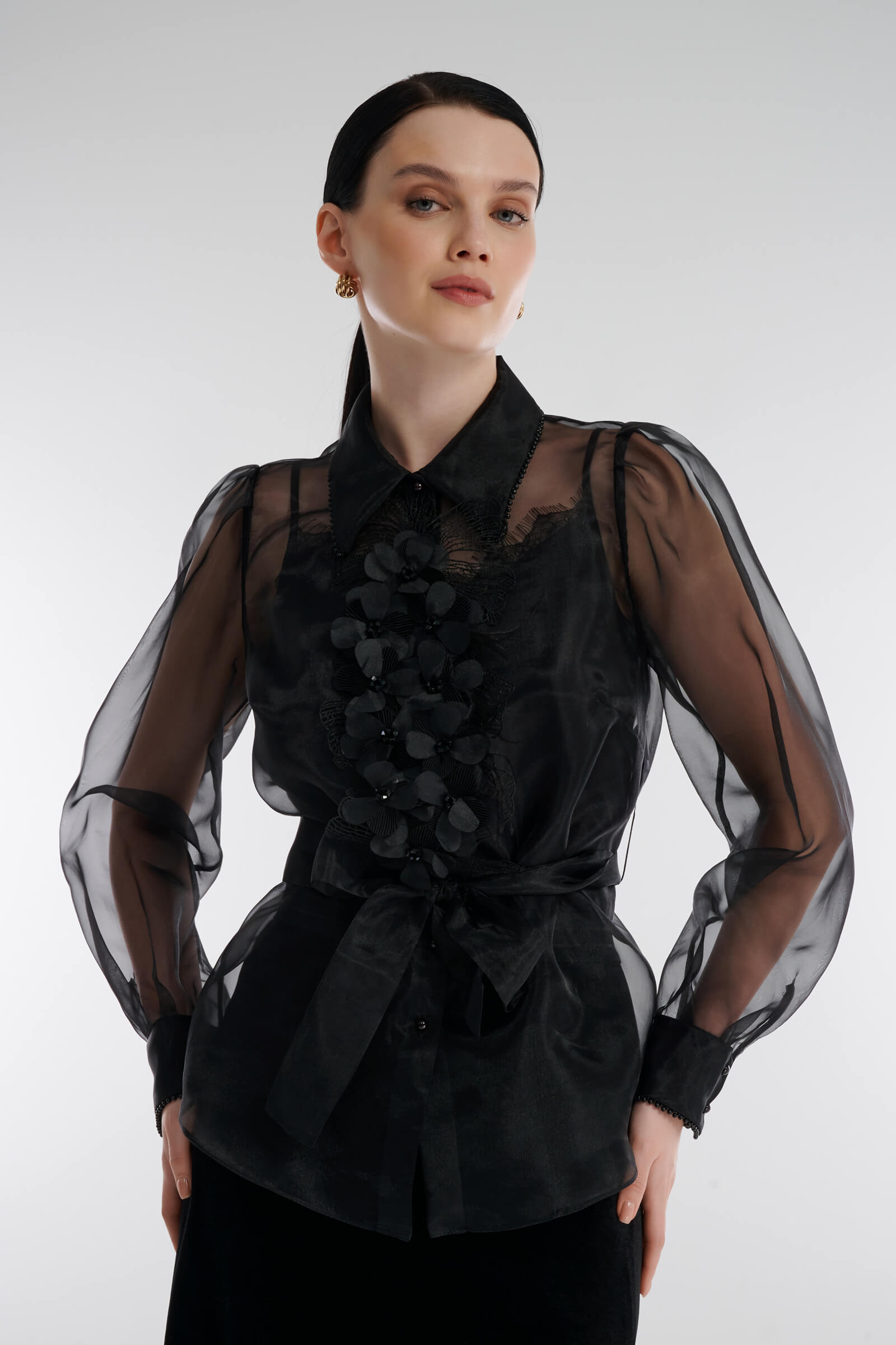 Прозрачная рубашка с объемным декором Цвет Черный