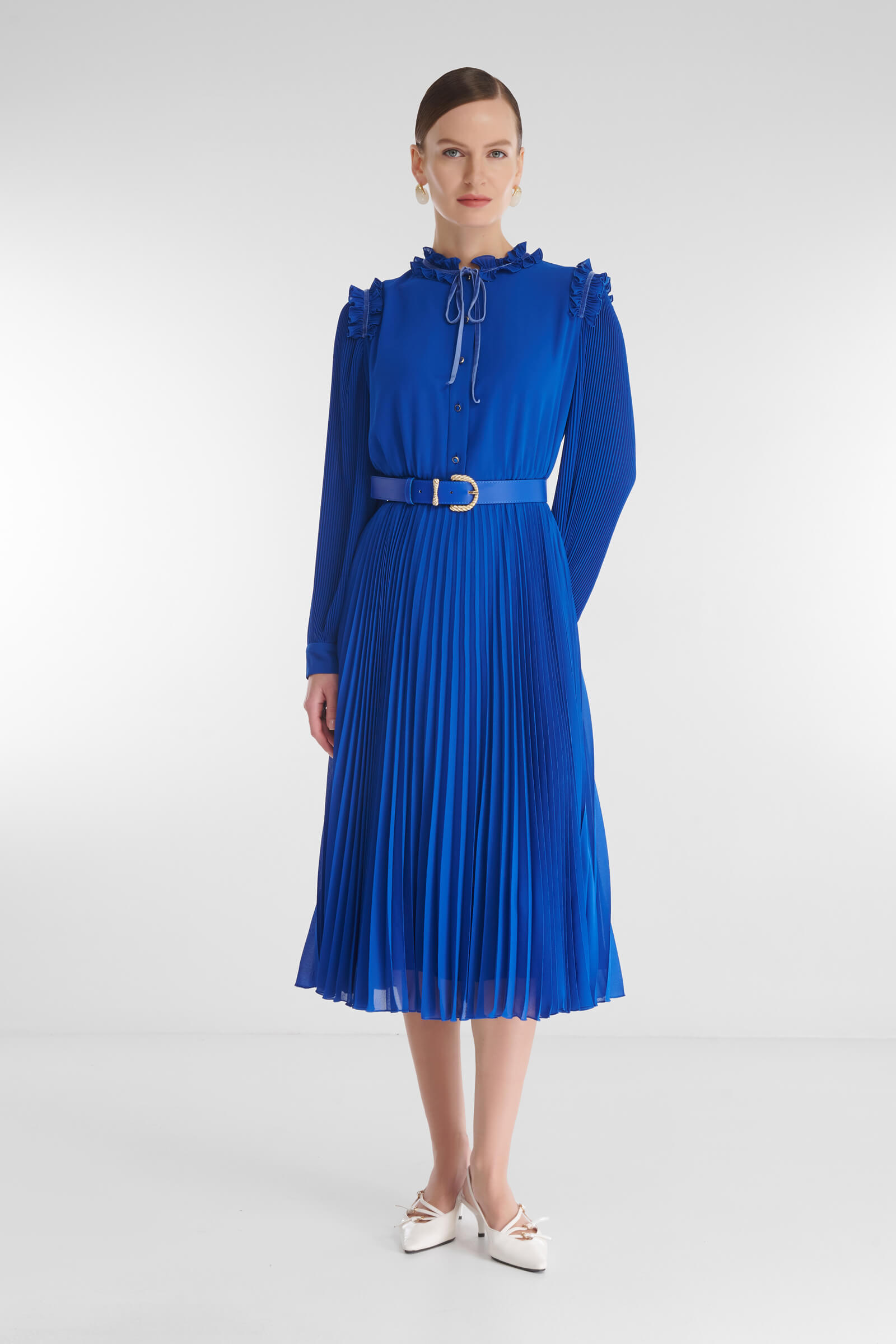 Платье-рубашка с плиссировкой и рюшами Цвет Синий