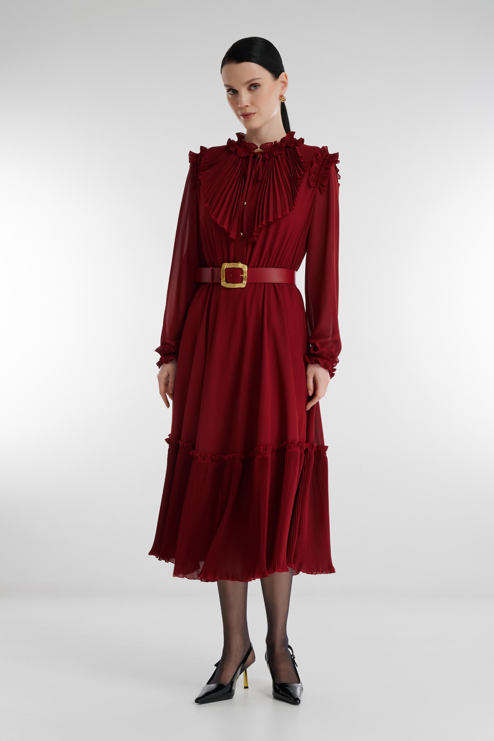 Платье-рубашка с плиссированным жабо Цвет Красный