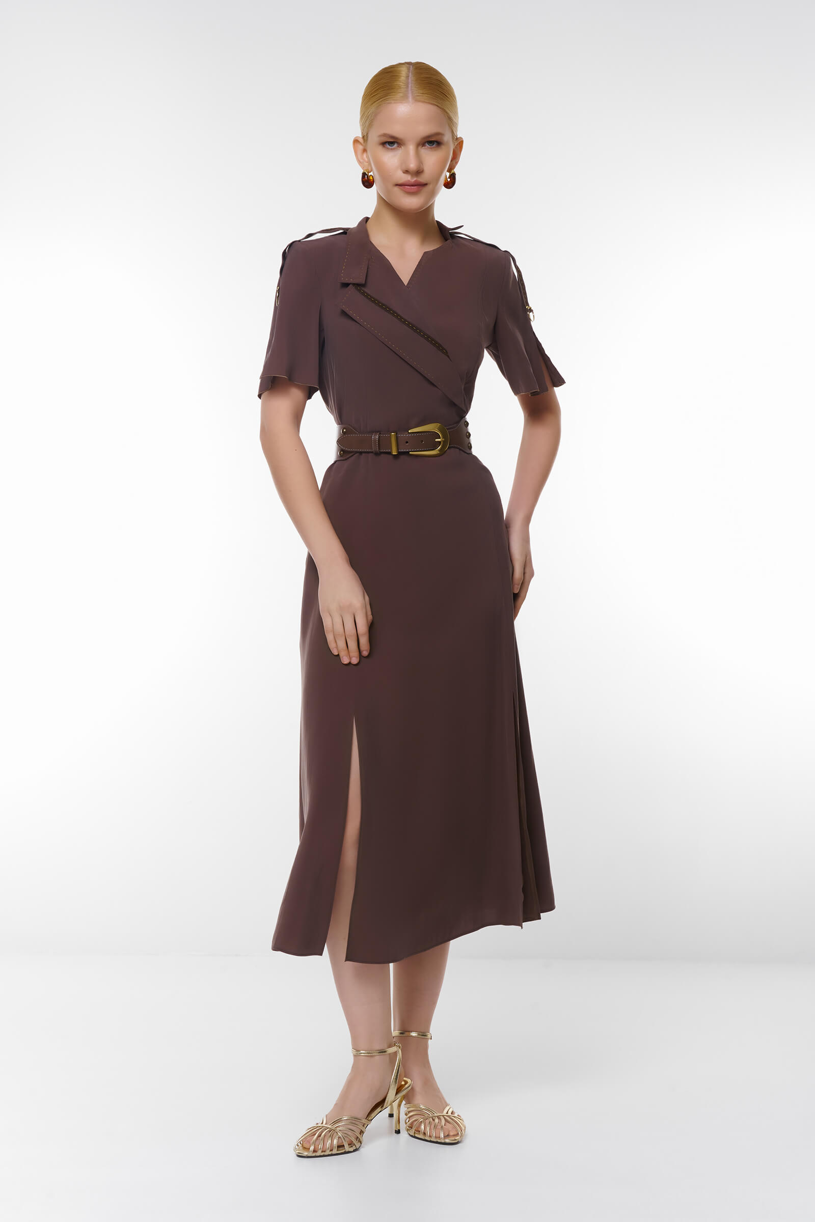 Платье макси с отложным воротником Цвет Коричневый