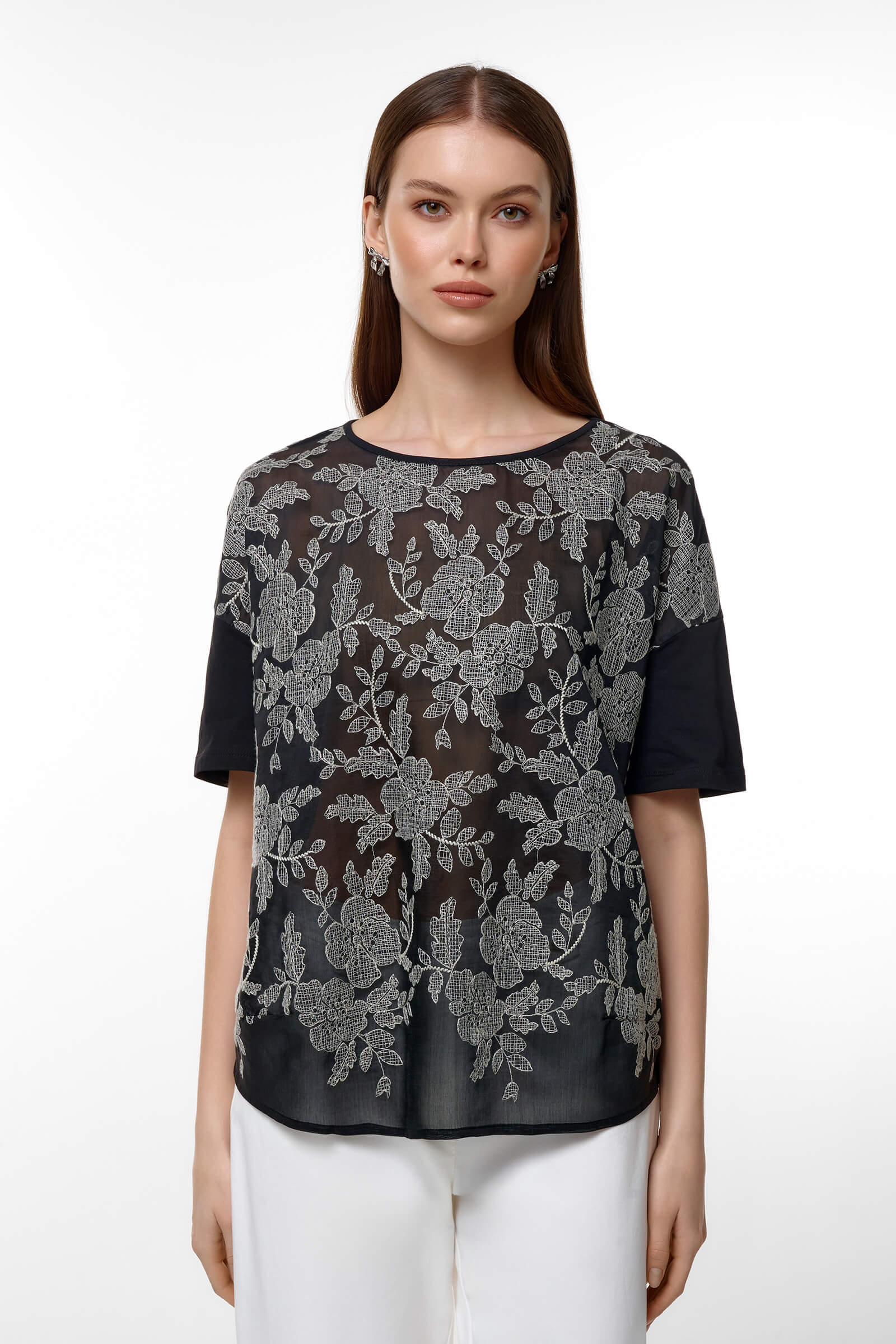 Черная прозрачная блузка с цветочным принтем Цвет Черный