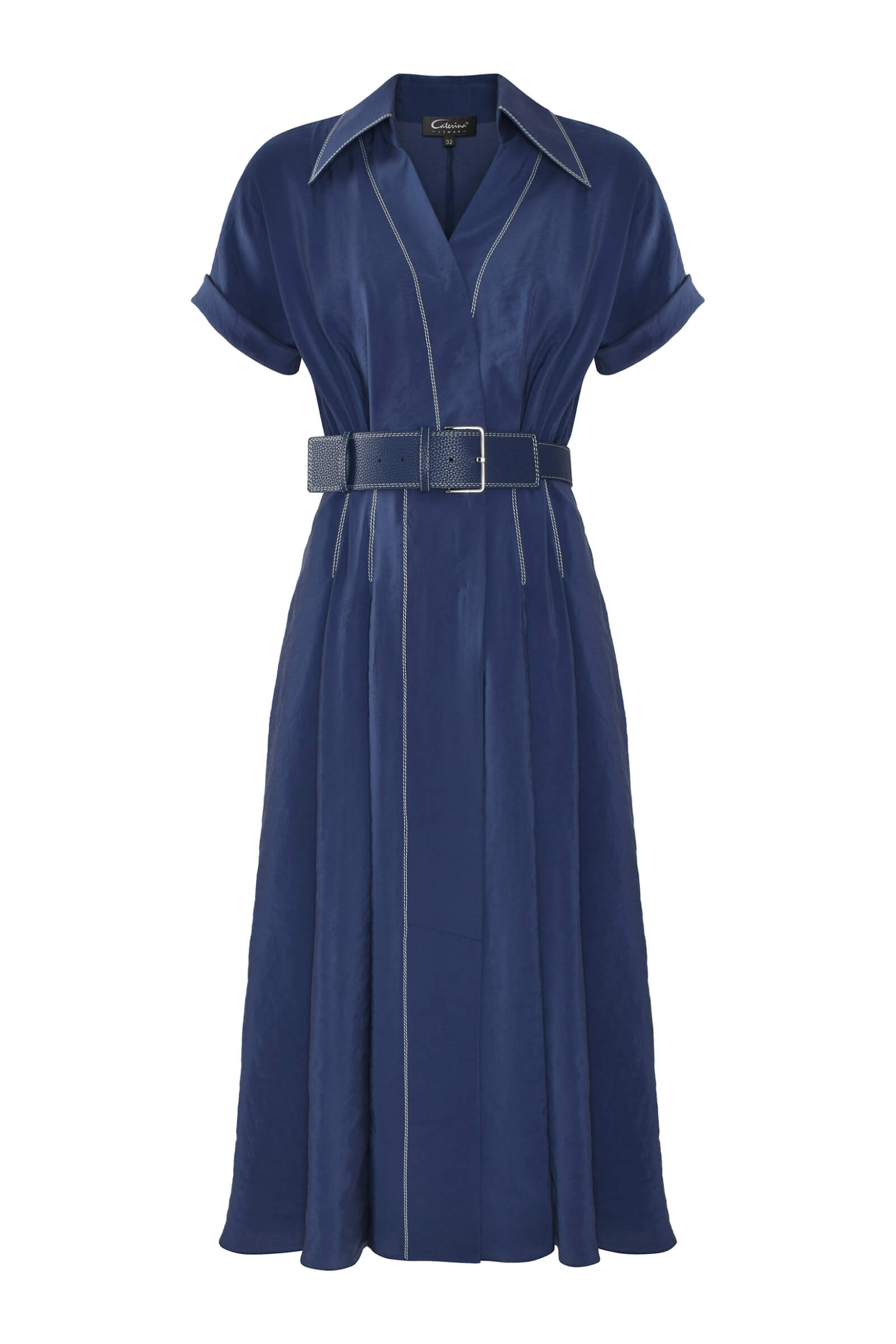Платье с контрастной строчкой и поясом Цвет Синий