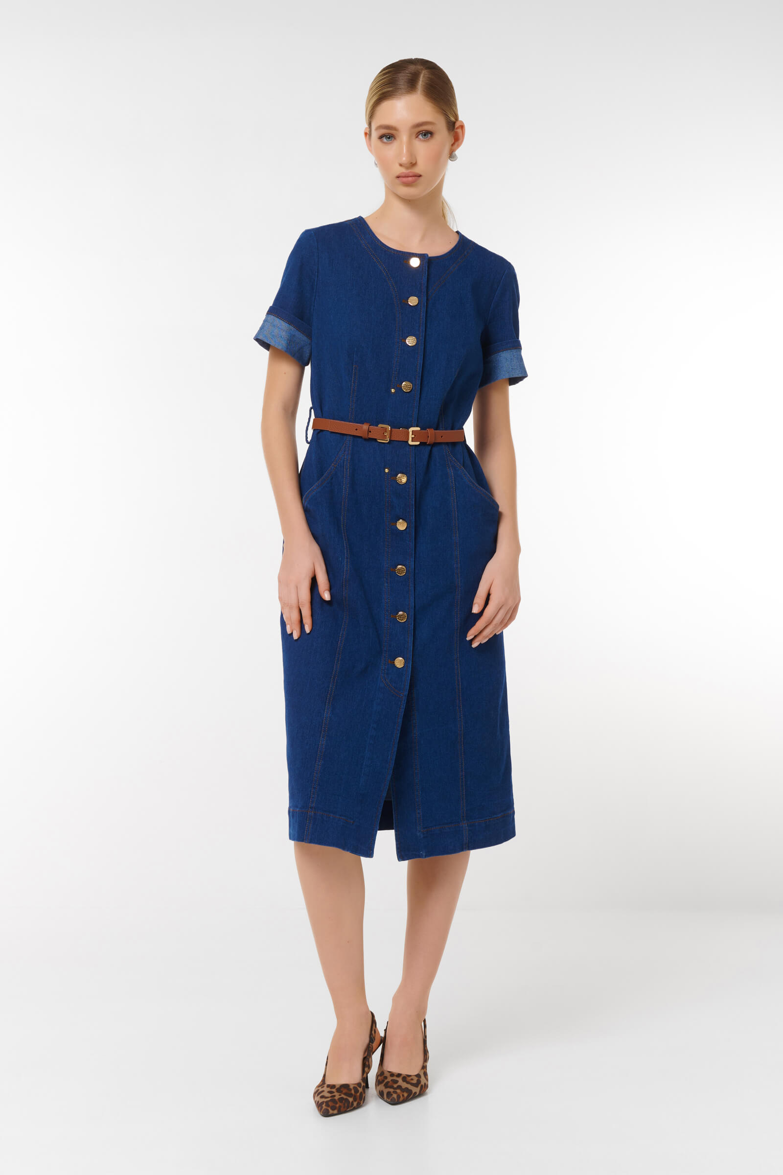 Платье миди из денима с поясом Цвет Синий