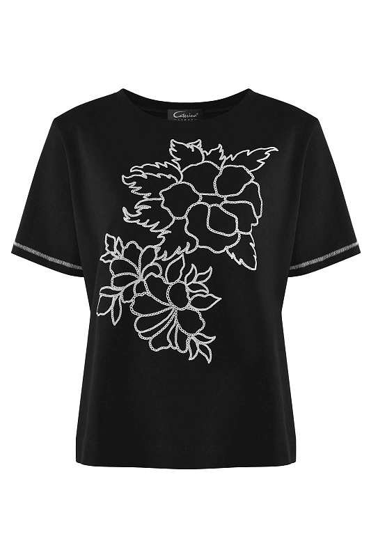 Футболка с цветочной вышивкой Цвет Черный