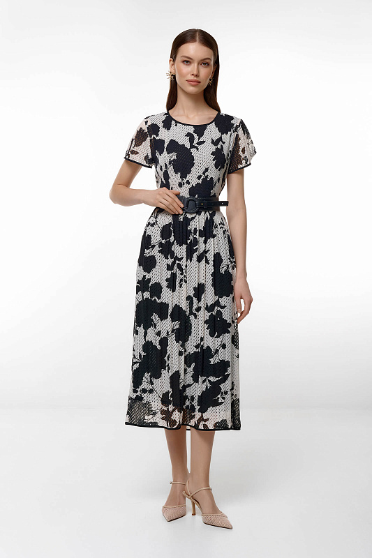 Платье с цветочным принтом и ремнем Цвет Черно-белый