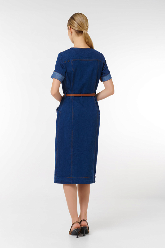 Платье миди из денима с поясом Цвет Синий Изображение 2