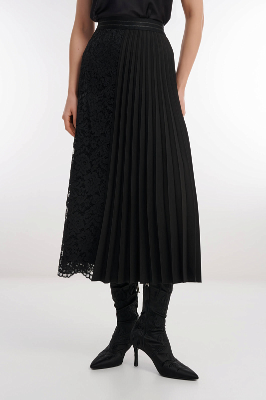Плиссированная юбка с гипюровой вставкой Цвет Черный