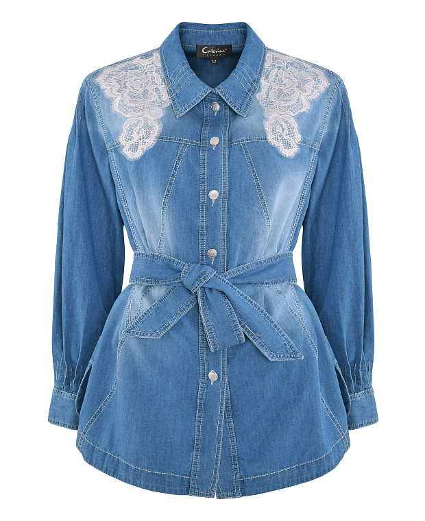 Блузка из денима с кружевом Цвет Голубой