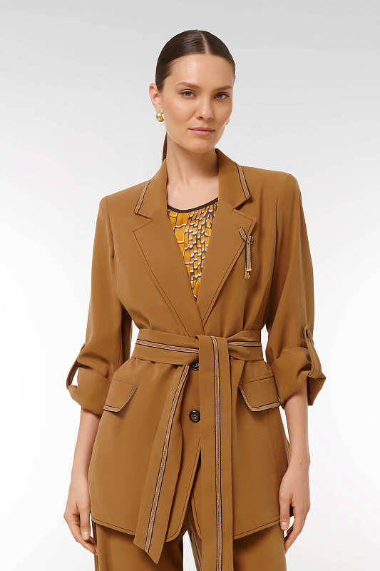 Жакет с поясом и контрастной окантовкой Цвет Коричневый