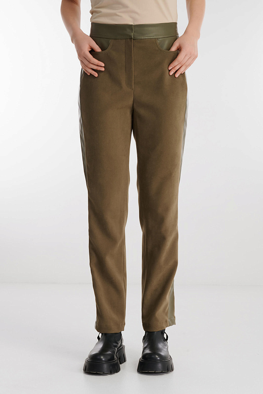 Зауженные брюки со вставками из экокожи Цвет Коричневый