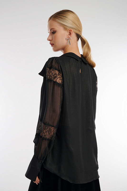 Черная блуза с прозрачным рукавом и кружевом Цвет Черный Изображение 2