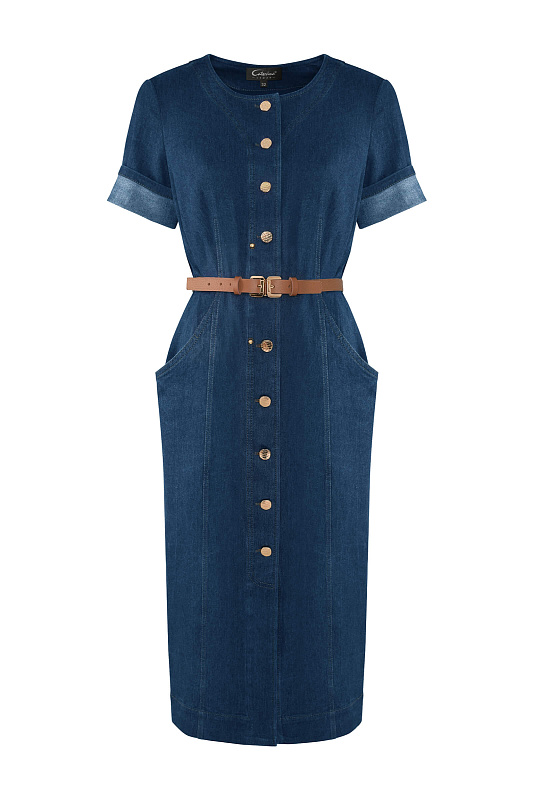 Платье миди из денима с поясом Цвет Синий