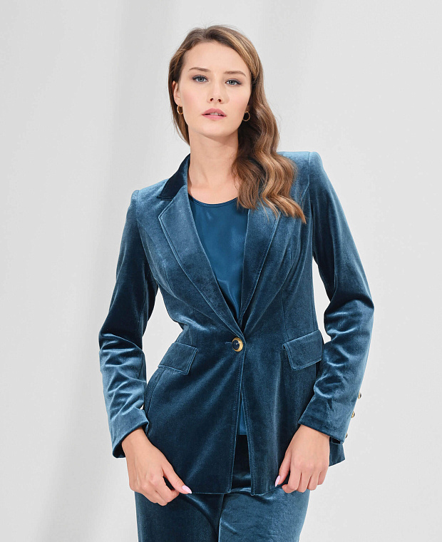 Приталенный бархатный пиджак с английским воротником Цвет Синий
