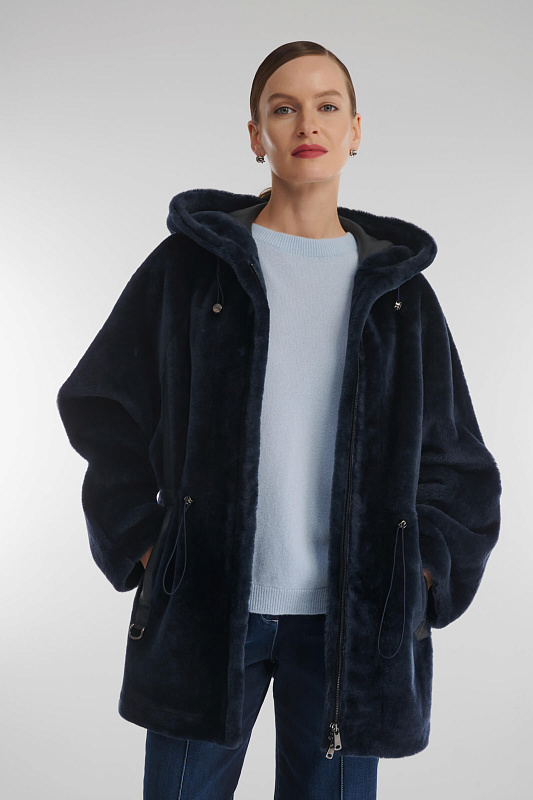Удлиненная дубленка из натурального меха Цвет Синий