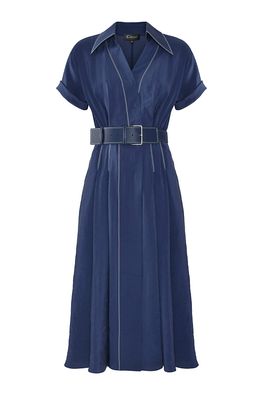 Платье с контрастной строчкой и поясом Цвет Синий
