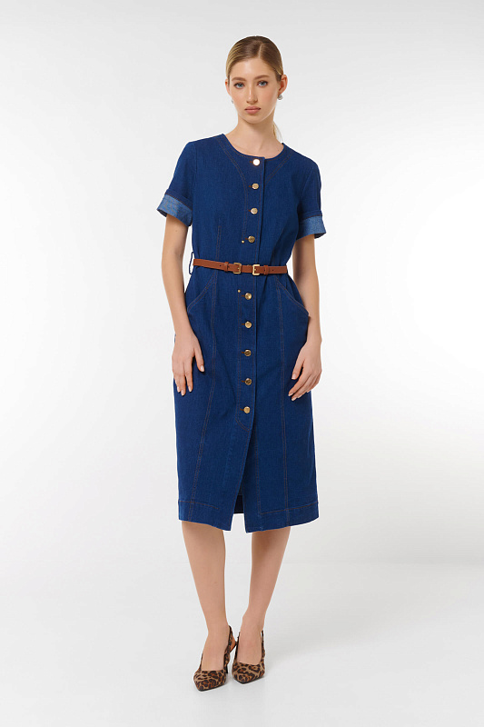 Платье миди из денима с поясом Цвет Синий